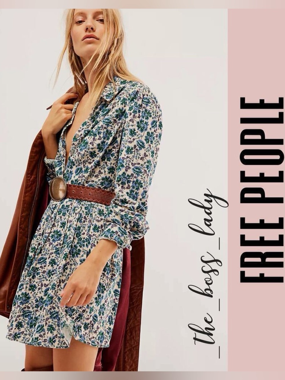 Free People Floral Button-Front Mini Dress Corduroy Long Sleeve